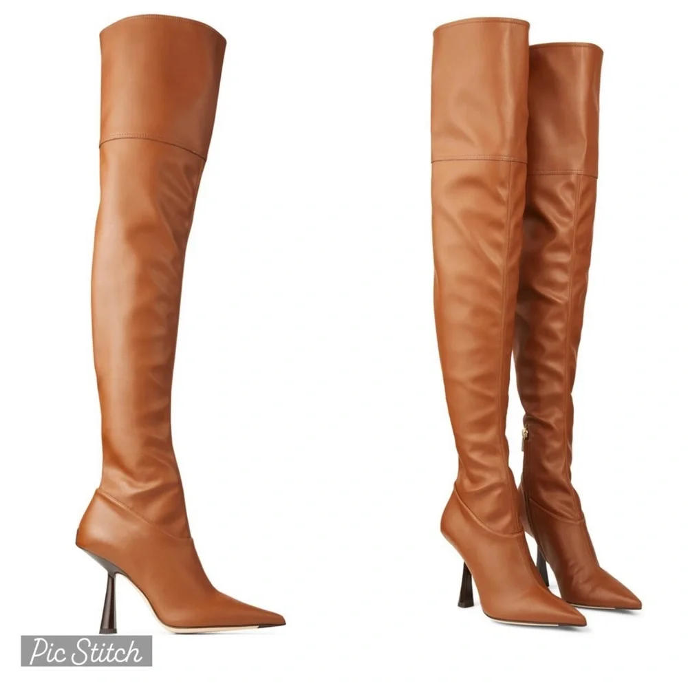 JIMMY CHOO Bryson 100 Tan Stretch Bonded Fabric Over-The-Knee‎ Boots Tan SZ 35.5